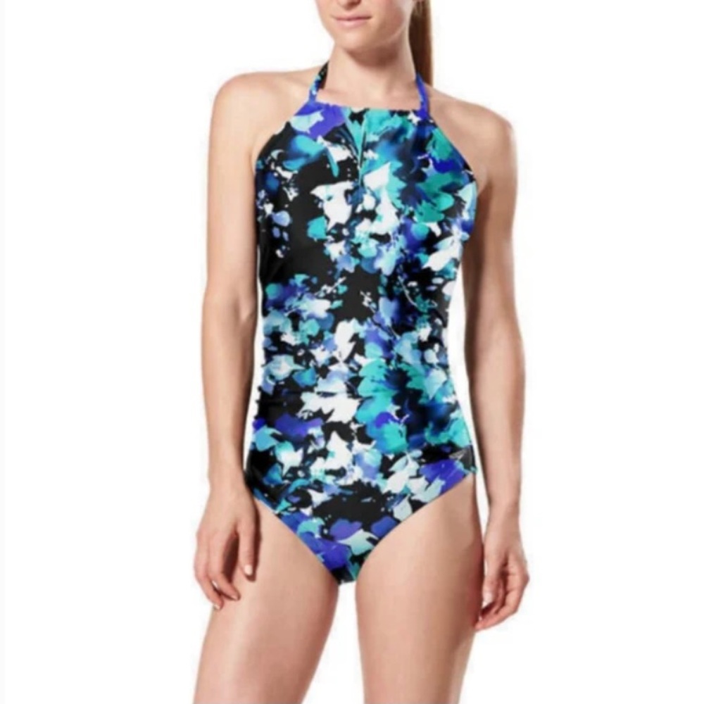 Speedo High Neck Key Hole Blue White Green Printed One Piece Swimsuit NWT